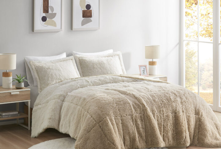 Brielle Ombre Shaggy Long Fur Comforter Mini Set in Natural From Intelligent Design