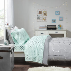 Metallic Dot Printed Sheet Set in Aqua/Silver From Intelligent Design