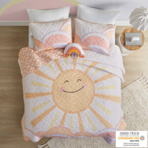 Dawn Reversible Sunshine Printed Cotton Quilt Set with Throw Pillow in Yellow/Coral From Urban Habitat Kids