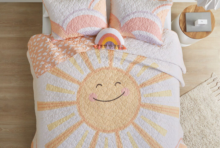 Dawn Reversible Sunshine Printed Cotton Quilt Set with Throw Pillow in Yellow/Coral From Urban Habitat Kids