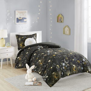 Celia Starry Sky Metallic Comforter Set with Throw Pillow in Charcoal/Gold From Mi Zone Kids