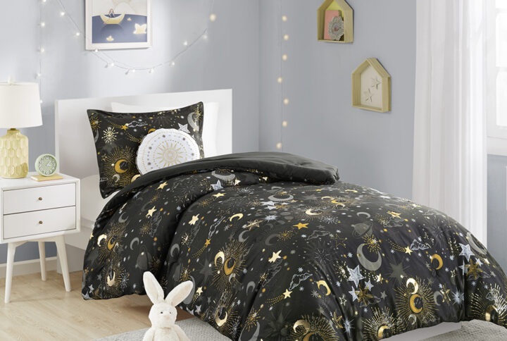 Celia Starry Sky Metallic Comforter Set with Throw Pillow in Charcoal/Gold From Mi Zone Kids