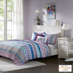 Joni Reversible Quilt Set with Throw Pillows in Purple From Intelligent Design