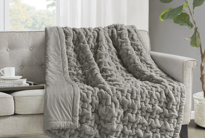 Ruched Fur Throw in Grey From Madison Park