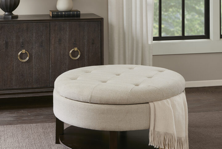 Miller Round Storage Ottoman in Cream/Brown From Madison Park