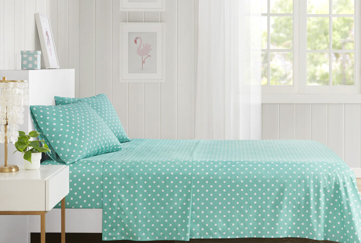 Polka Dot Printed 100% Cotton Sheet Set in Seafoam From Mi Zone